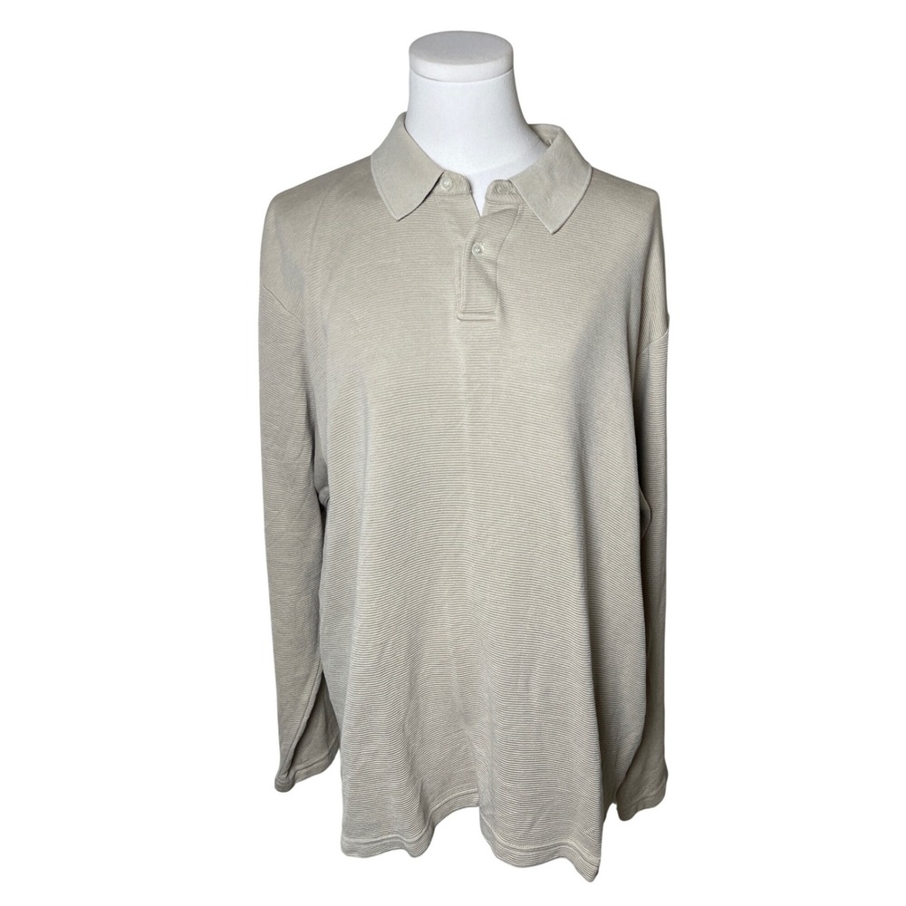 Silk Cotton Ribbed Polo Shirt Tasso Elba Beige Long Sleeve‎ Men L